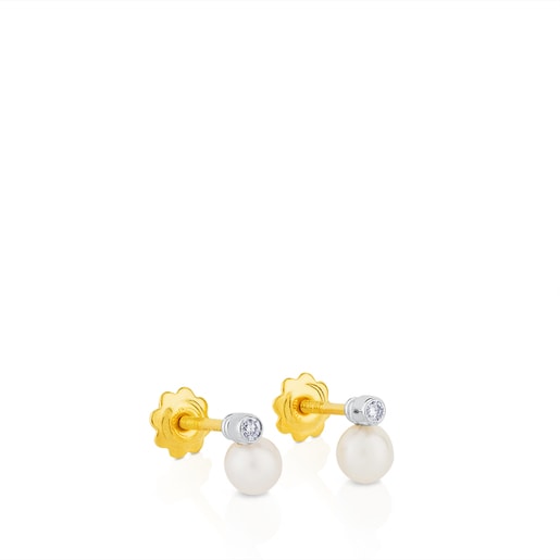 Náušnice Basics z bílého zlata s diamanty a uměle vypěstovanými perlami