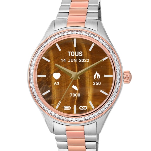 Reloj smartwatch con brazalete de acero, acero IP rosado y zirconias blancas T-Shine Connect
