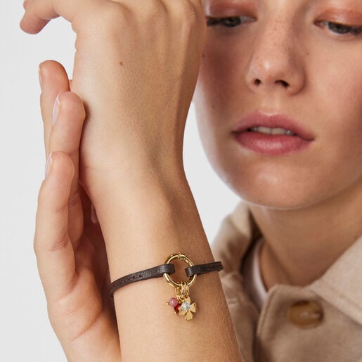 Bracelet TOUS Good Vibes trèfle en Argent Vermeil, Pierres précieuses et Cuir marron