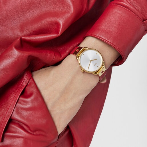 Reloj analógico Let Leather de acero IP dorado con correa de piel roja