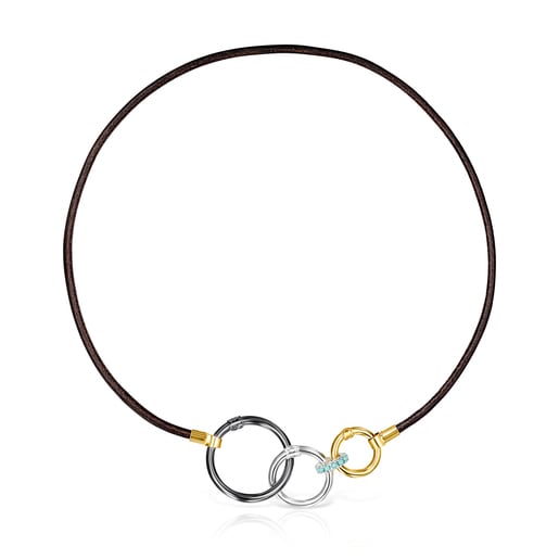 Hold Necklace in Silver Vermeil and brown Leather with rings