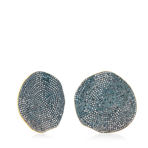 Large Gold ATELIER Nenufar Earrings with blue Diamonds