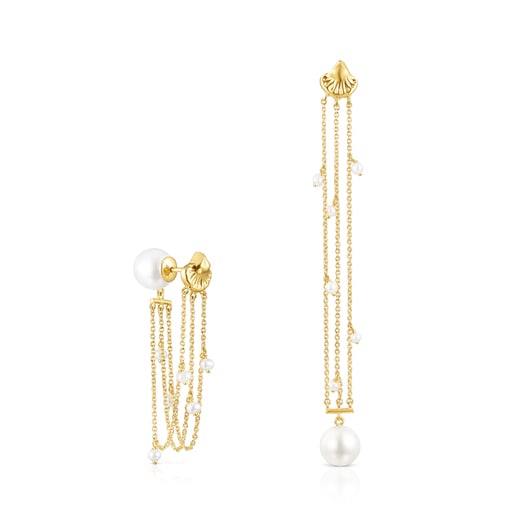 Long gold Oceaan shells-chains Earrings with pearls