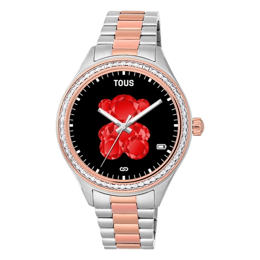Reloj smartwatch con brazalete de acero, acero IP rosado y zirconias blancas T-Shine Connect