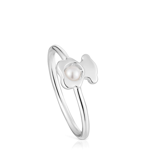 Small silver bear Ring with cultured pearl I-Bear