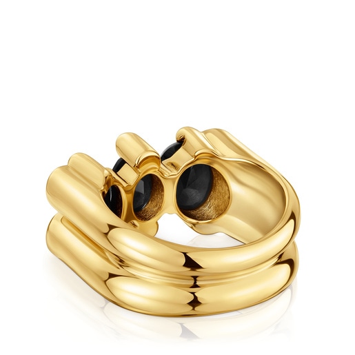 Medium 18kt gold plating over silver and onyx Bear motif Ring Color