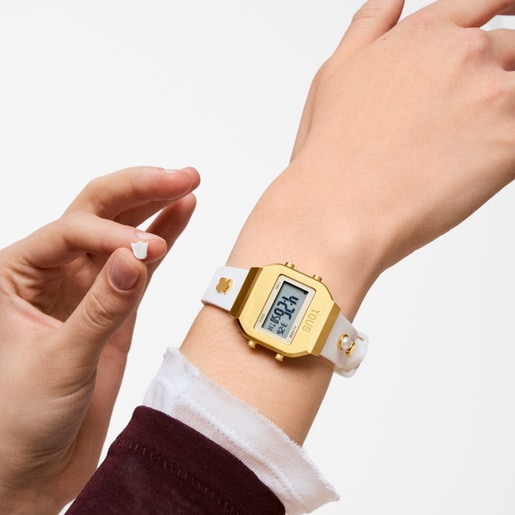 Digital Watch with white strap, gold-colored steel, and gemstones TOUS XPRESURSLF.