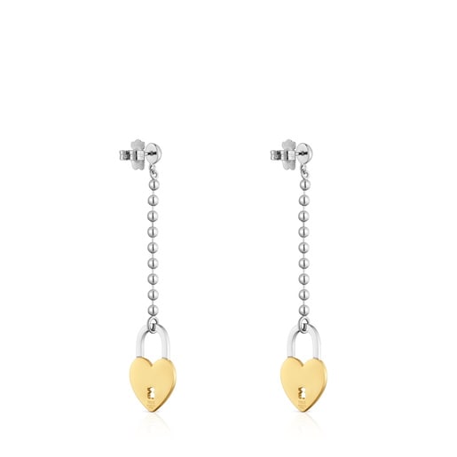 Long two-tone steel Earrings with heart charm TOUS Charming