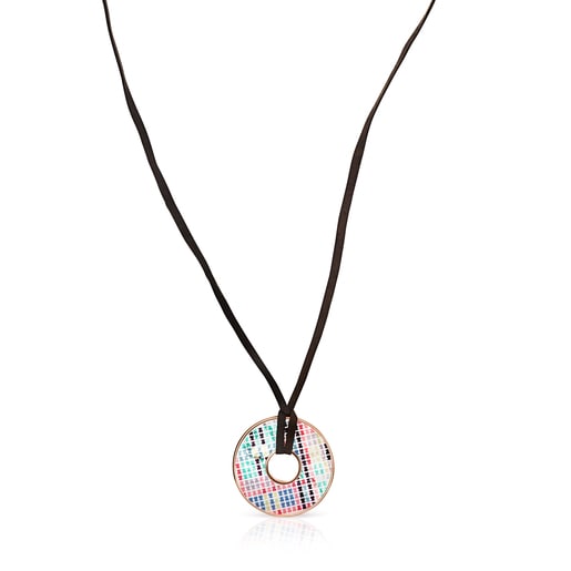 Tartan Disc Necklace in Rose Silver Vermeil with Mother-of-Pearl and brown Leather