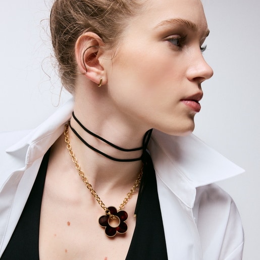 40 mm gold-colored steel, white resin and black cord flower Necklace TOUS Galaxy