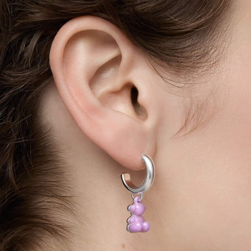 Aretes aro de plata con cerámica lila y doble oso Bold Bear