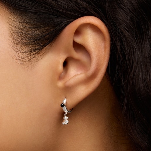 Silver Bold Bear Hoop earrings with onyx and bear charm