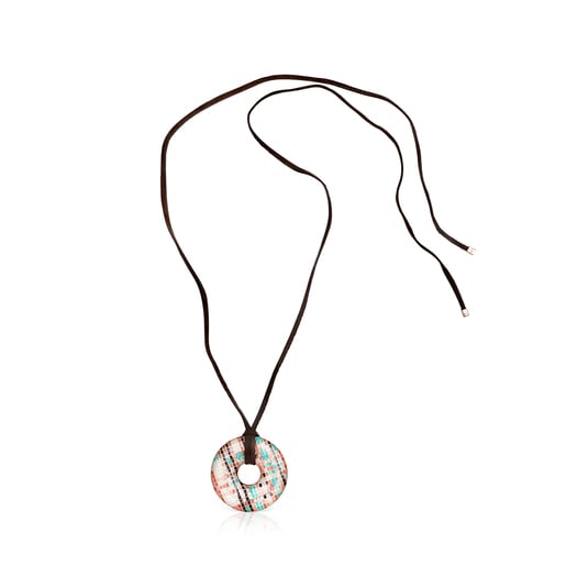 Tartan disc Necklace in Rose Silver Vermeil with Enamel and brown Leather
