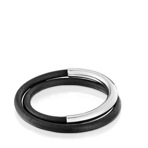 Pulsera esclava de plata y caucho doble Bold Motif