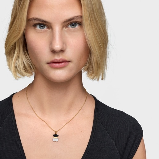 Dije con baño de oro 18 kt sobre plata, nácar y ónix 16 mm Sweet Dolls