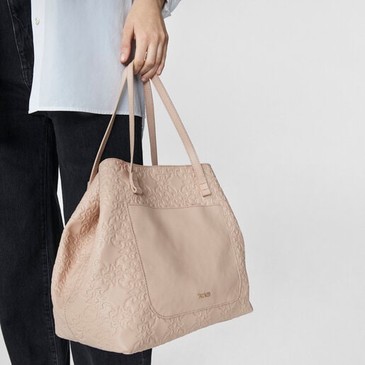 ピンクの革製大型トートバッグ Mossaic 