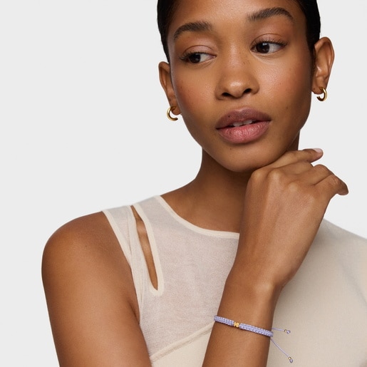Pulsera oso con baño de oro 18 kt sobre plata y nylon malva TOUS Motivos