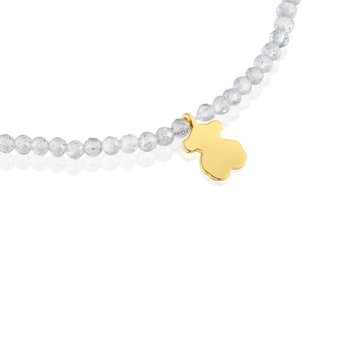 Pulsera elástica con labradorita gris y oso con baño de oro 18 kt sobre plata TOUS Motivos