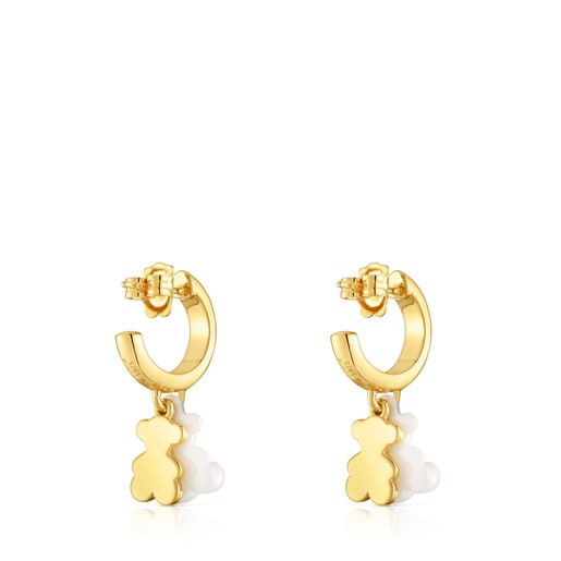 Aretes de aro con baño de oro 18 kt sobre plata, cerámica blanca y doble oso Bold Bear