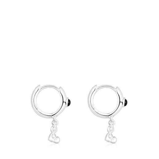 Silver Bold Bear Hoop earrings with onyx and bear charm