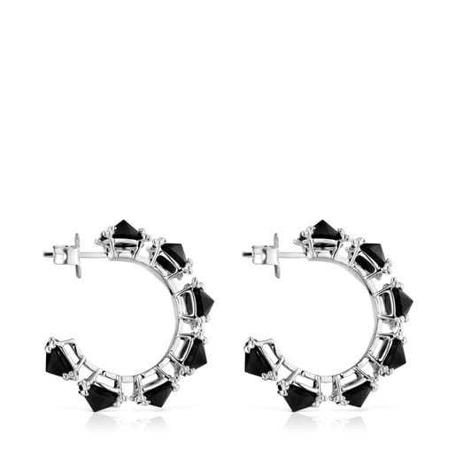 Large silver Color Pills Hoop earrings with onyx