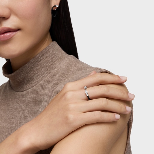 Platinum, black steel and lab-grown diamonds Open ring TOUS Mesh LGD