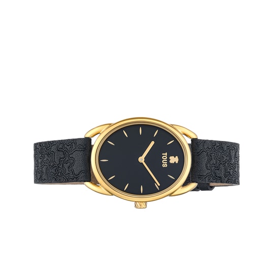 Steel Dai Analogue watch with black leather Kaos strap