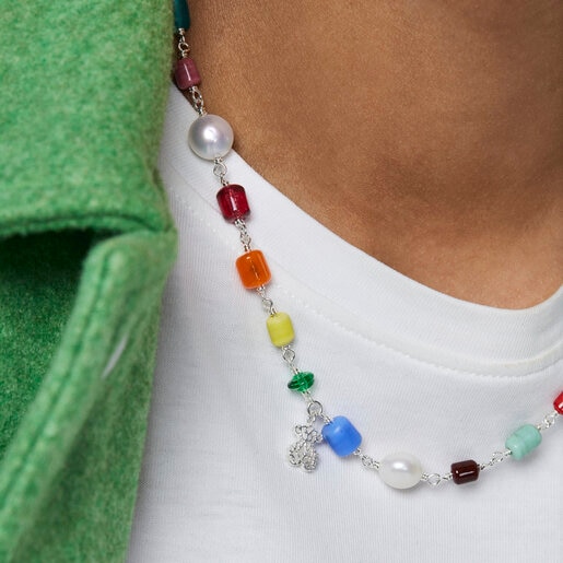 Silver Oceaan Necklace with multicolored glass and pearls