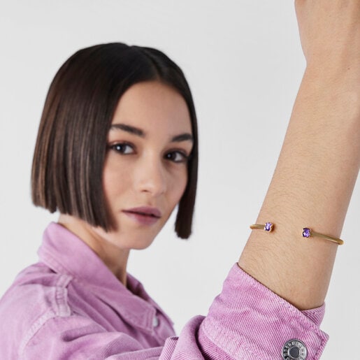 Fine gold-colored IP Steel Mesh Color Bracelet with Amethyst