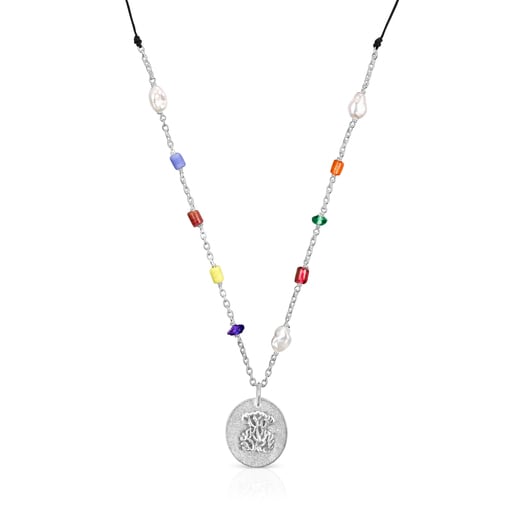 Collier Oceaan camaïeu long en argent, glass multicolore et cordon