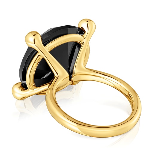 Anello in argento placcato oro 18 kt e onice grande Color Black