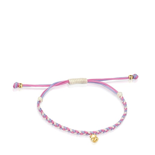 Pulsera oso con baño de oro 18 kt sobre plata y nylon rosa/blanco TOUS Motivos