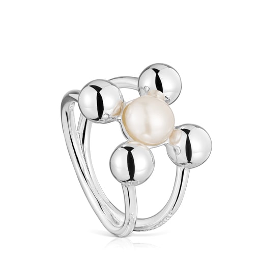 Large silver and cultured pearl motifs Ring Sugar Party