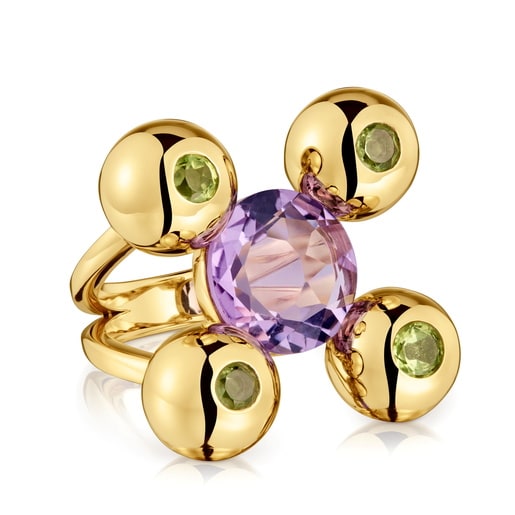 Anillo mediano con baño de oro 18 kt sobre plata, amatista y peridoto Sugar Party