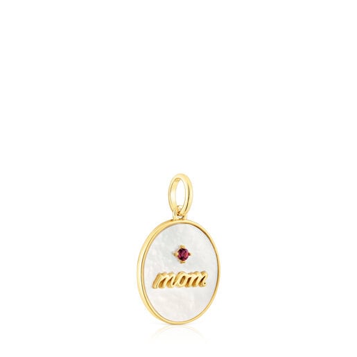 Pendentif médaille Mom argent vermeil, nacre et rhodolite TOUS Mama