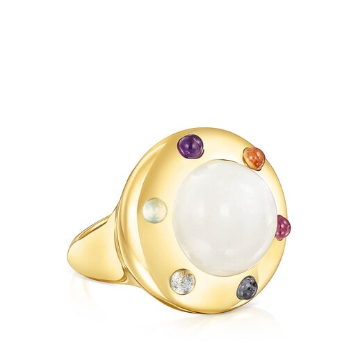 Anello con placcatura in oro 18 kt su argento, pietra di luna e gemme Magic Nature