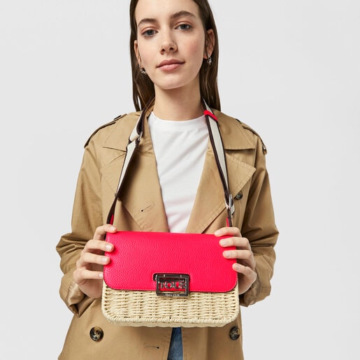 Sac à bandoulière TOUS Legacy Summer en raphia rose fluo