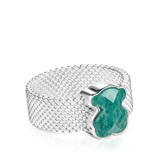 Silver TOUS Mesh Color Ring with faceted Amazonite Bear motif