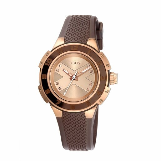 茶色いシリコンバンドが付いたステンレス IP ピンク / ブラウンのバイカラー腕時計 Xtous Lady