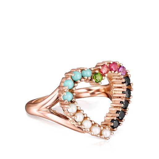 Anillo corazón con baño de oro rosa 18 kt sobre plata y gemas multicolor forma corazón San Valentín