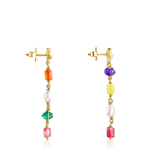 Long silver vermeil Oceaan Earrings with multicolored glass