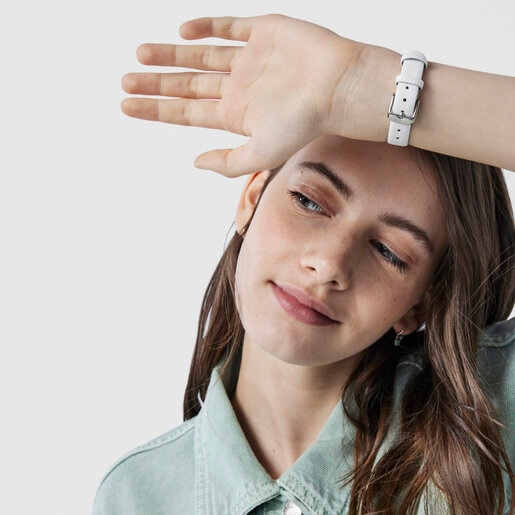 Reloj analógico Straight Kids de acero y bisel de osos con correa de piel blanca