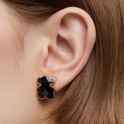 16 mm 18kt gold plating over silver bear Earrings with onyx TOUS Icon Color