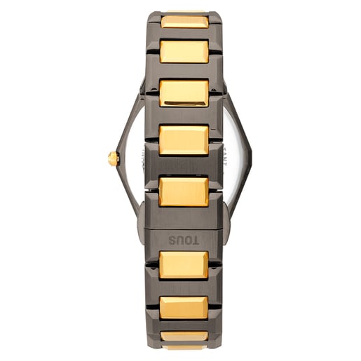 Reloj analógico con brazalete de acero negro, dorado y esfera de nácar gris Karat