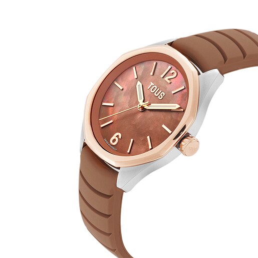 Reloj analógico con movimiento suizo, esfera de nácar y correa de caucho mocha TOUS Now Lady