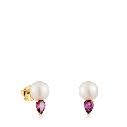 gold Earrings with rhodolites and cultured pearl Ivette