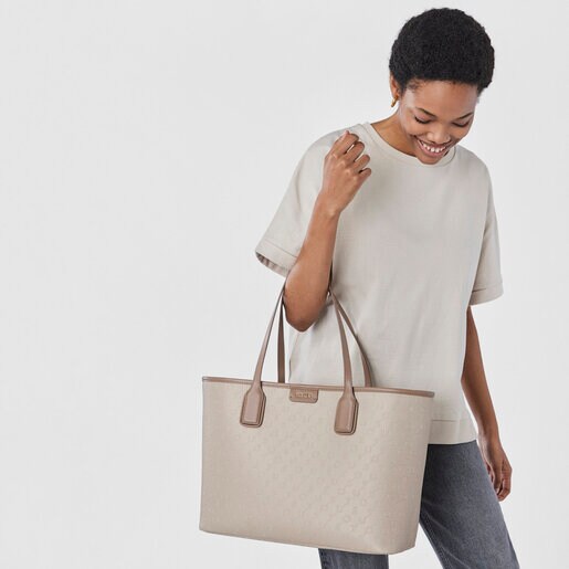 Large taupe colored Script Day Tote bag