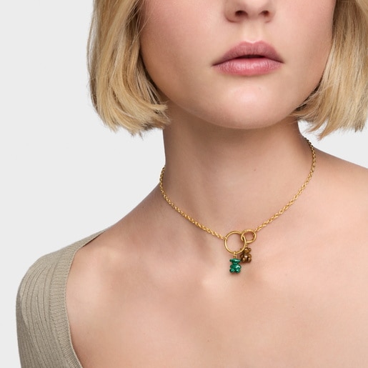 قلادة Bold Bear صغيرة على شكل دبدوب من الملكيت والذهب عيار 14 قيراطًا