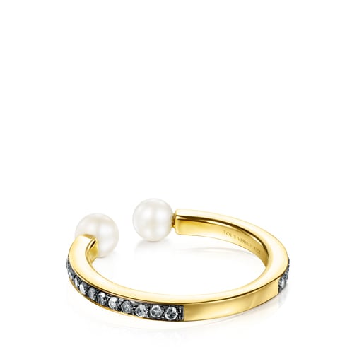 TOUS Nocturne Ring Silver Vermeil with Diamonds and 4-4,5cm Pearls