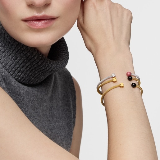 Pulsera esclava de acero dorado y ónix Icon Mesh